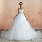 Long A-line V-neck Appliques Tulle Wedding Dress