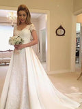 Long A-Line V-Neck Lace Satin Wedding Dresses with Sleeves