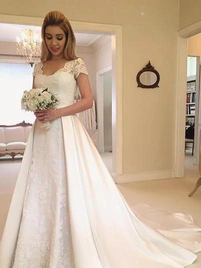 Long A-Line V-Neck Lace Satin Wedding Dresses with Sleeves