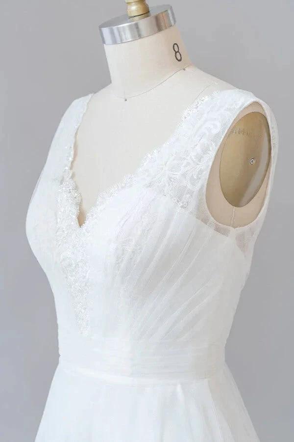 Long A-line V-neck Lace Tulle Backless Wedding Dress