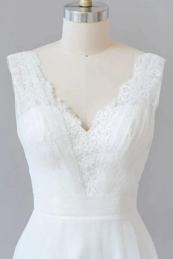 Long A-line V-neck Lace Tulle Backless Wedding Dress