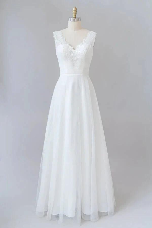 Long A-line V-neck Lace Tulle Backless Wedding Dress