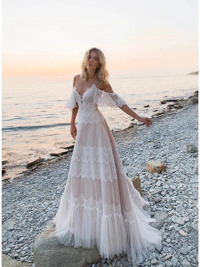 Long A-Line V Neck Lace Tulle Backless Wedding Dresses with Sleeves