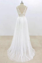 Long A-line V-neck Lace Tulle Open Back Wedding Dress