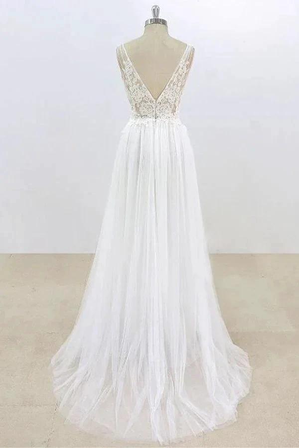 Long A-line V-neck Lace Tulle Open Back Wedding Dress