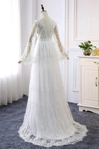 Long A-line V-neck Lace Tulle Wedding Dress with Sleeves