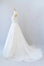 Long A-line V-neck Open Back Appliques Lace Tulle Wedding Dress
