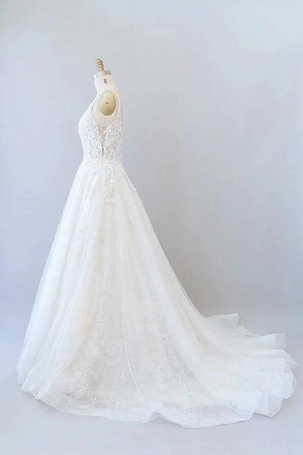 Long A-line V-neck Open Back Appliques Lace Tulle Wedding Dress
