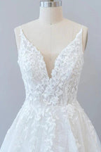 Long A-line V-neck Open Back Appliques Lace Tulle Wedding Dress