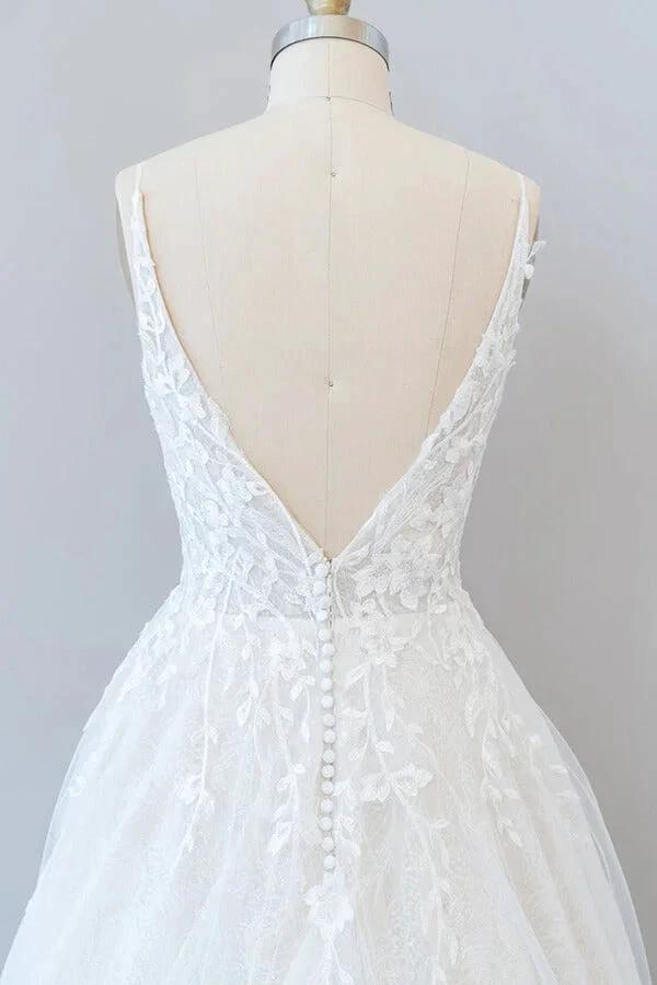 Long A-line V-neck Open Back Appliques Lace Tulle Wedding Dress