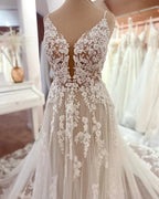 Long A-line V-neck Sleeveless Floral Lace Tulle Boho Wedding Dresses
