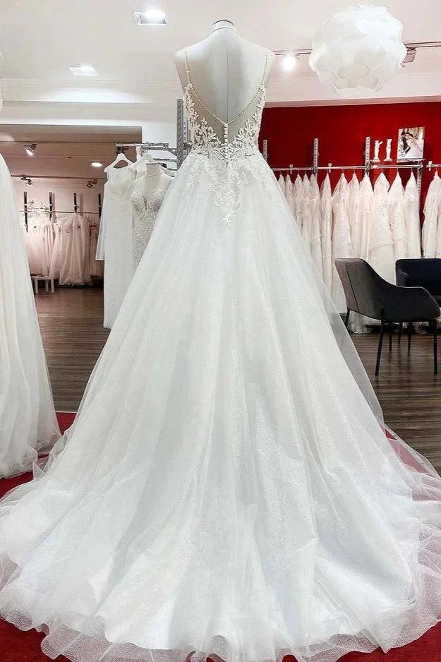 Long A-line V-neck Spaghetti Straps Backless Wedding Dress with Lace