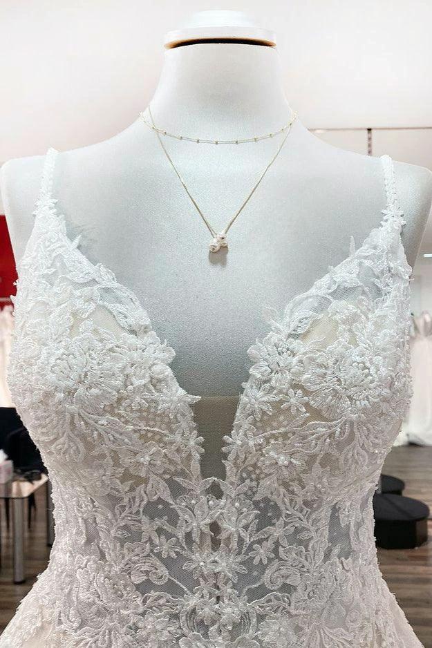 Long A-line V-neck Spaghetti Straps Tulle Lace Backless Wedding Dress