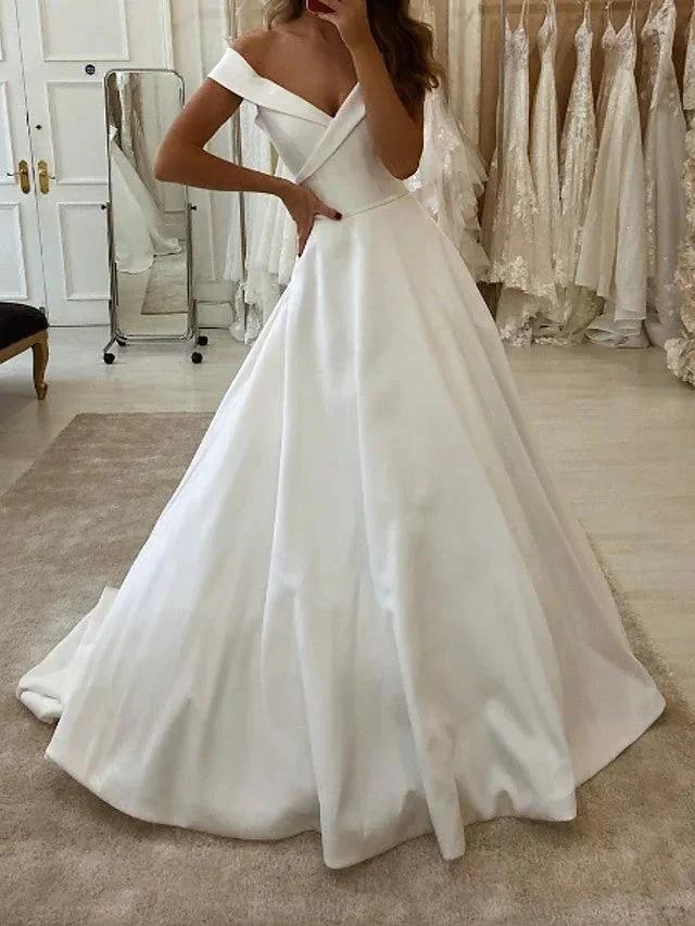 Long A-Line V Neck Sweep Brush Train Satin Wedding Dresses