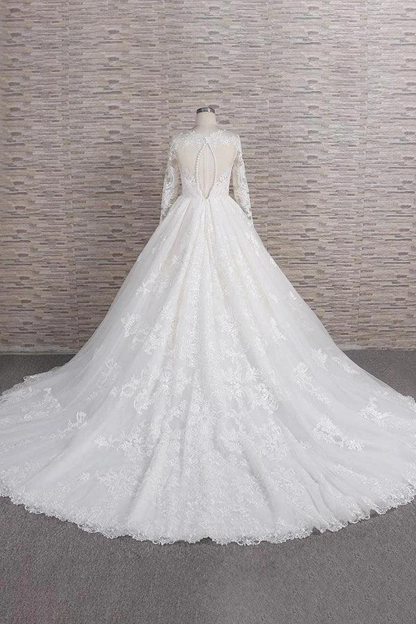 Long A-line V-neck Tulle Appliques Lace Wedding Dress with Sleeves