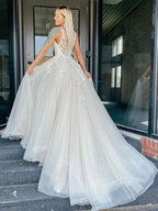 Long A-line V-neck Tulle Floral Lace Prom Dress Backless Formal Evening Dresses