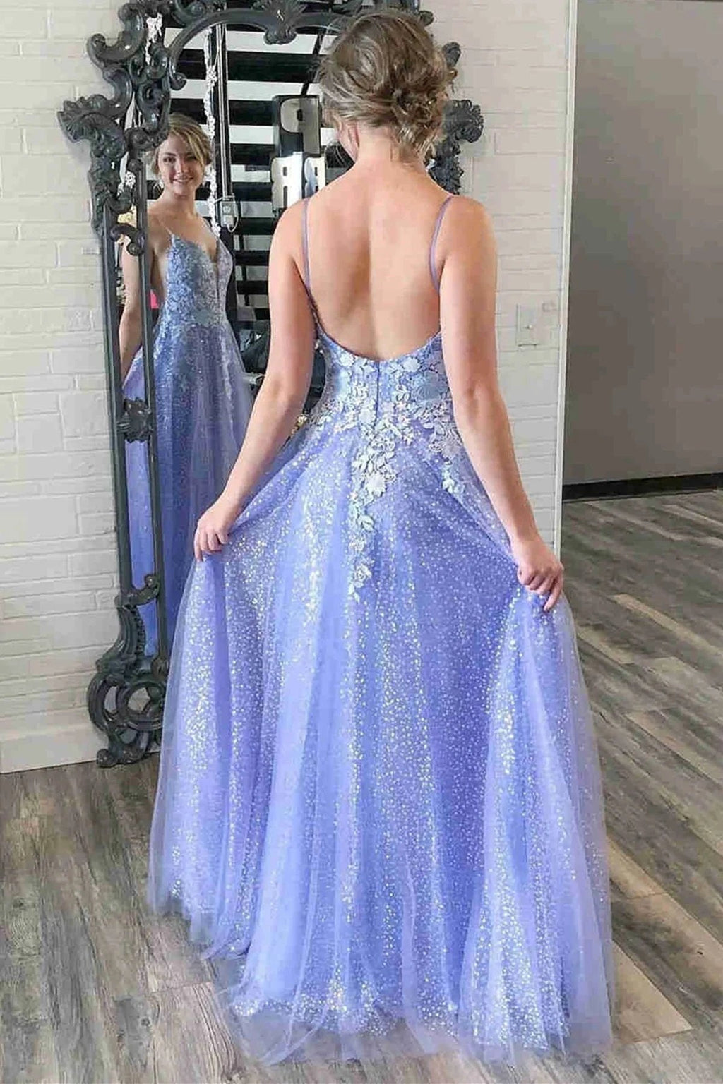 Long A-line V Neck Tulle Lace Backless Prom Dress Purple Lace Floral Formal Graduation Evening Dresses