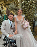 Long A-line V-neck Tulle Lace Wedding Dress with Fur Tulle Sweet Cape