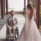 Long A-line V-neck Tulle Lace Wedding Dress with Fur Tulle Sweet Cape