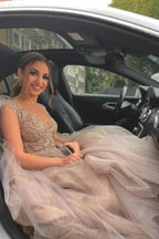 Long A-line V-neck Tulle Lace Wedding Dress with Fur Tulle Sweet Cape