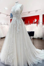 Long A-line V-neck Tulle Sleeveless Appliques Lace Backless Wedding Dress