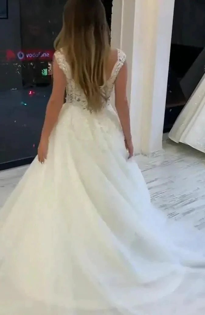 Long A-Line V-neck Wide Straps Appliques Lace Pearl Tulle Wedding Dress