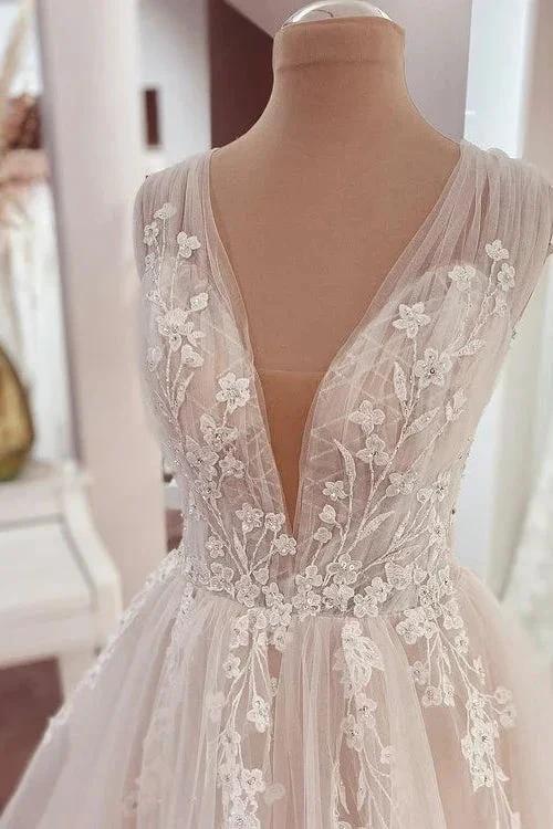 Long A-Line V-neck Wide Straps Appliques Lace Tulle Wedding Dress
