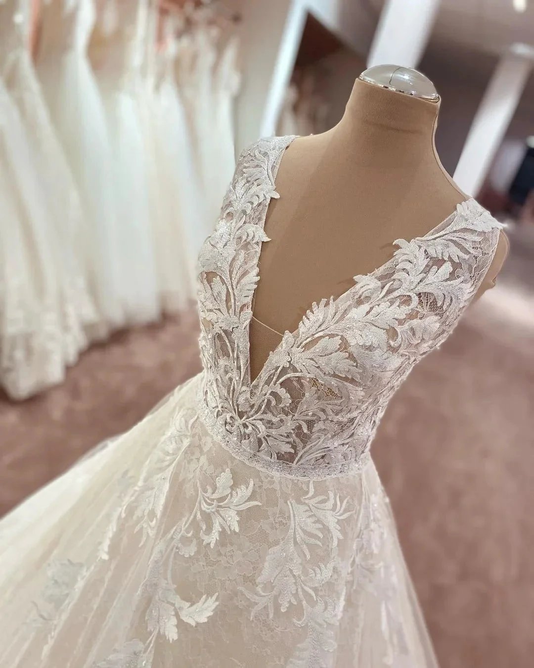 Long A-Line V-neck Wide Straps Appliques Lace Tulle Wedding Dress