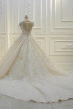 Long Ball Gown Beading Bateau Appliques Lace Wedding Dress with Sleeves