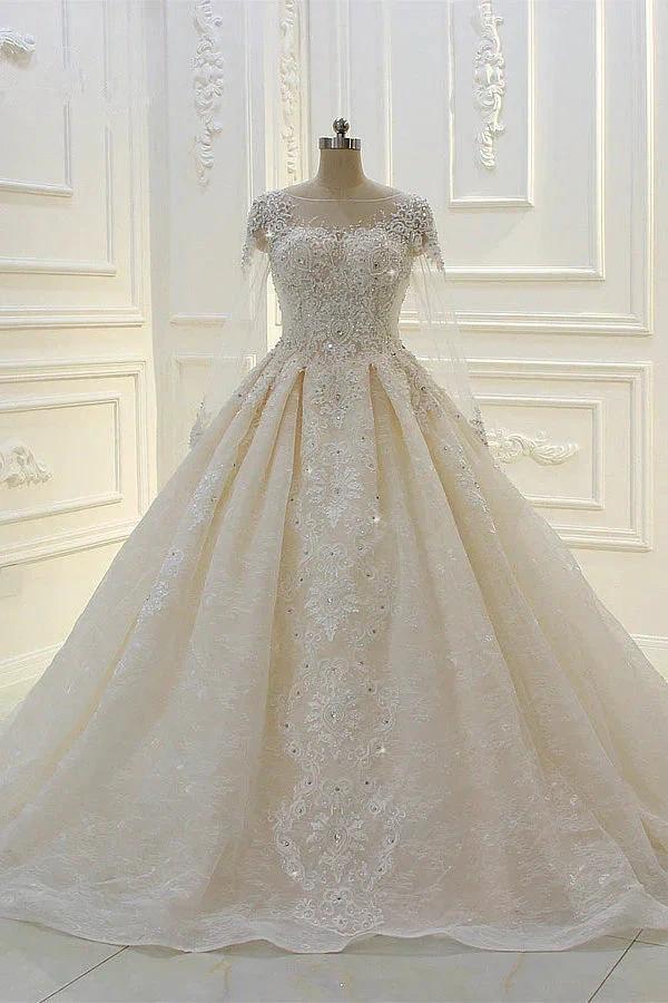 Long Ball Gown Beading Bateau Appliques Lace Wedding Dress with Sleeves