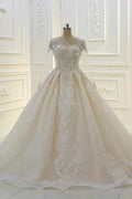 Long Ball Gown Beading Bateau Appliques Lace Wedding Dress with Sleeves