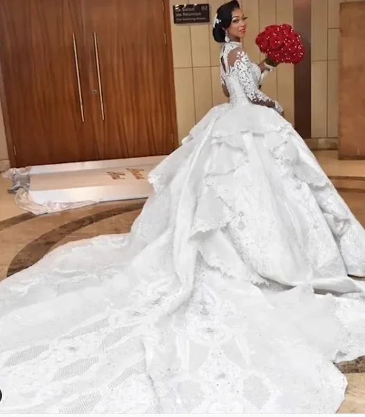 Long Ball Gown High Neck Sparkle Applique Satin Wedding Dress with Sleeves