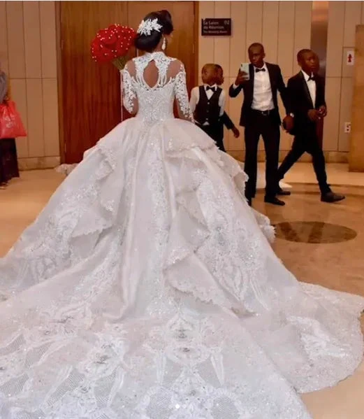 Long Ball Gown High Neck Sparkle Applique Satin Wedding Dress with Sleeves
