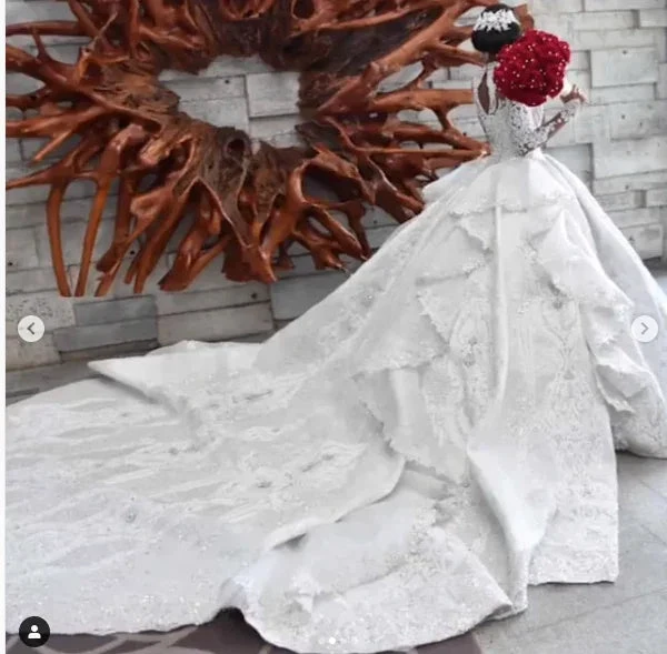 Long Ball Gown High Neck Sparkle Applique Satin Wedding Dress with Sleeves