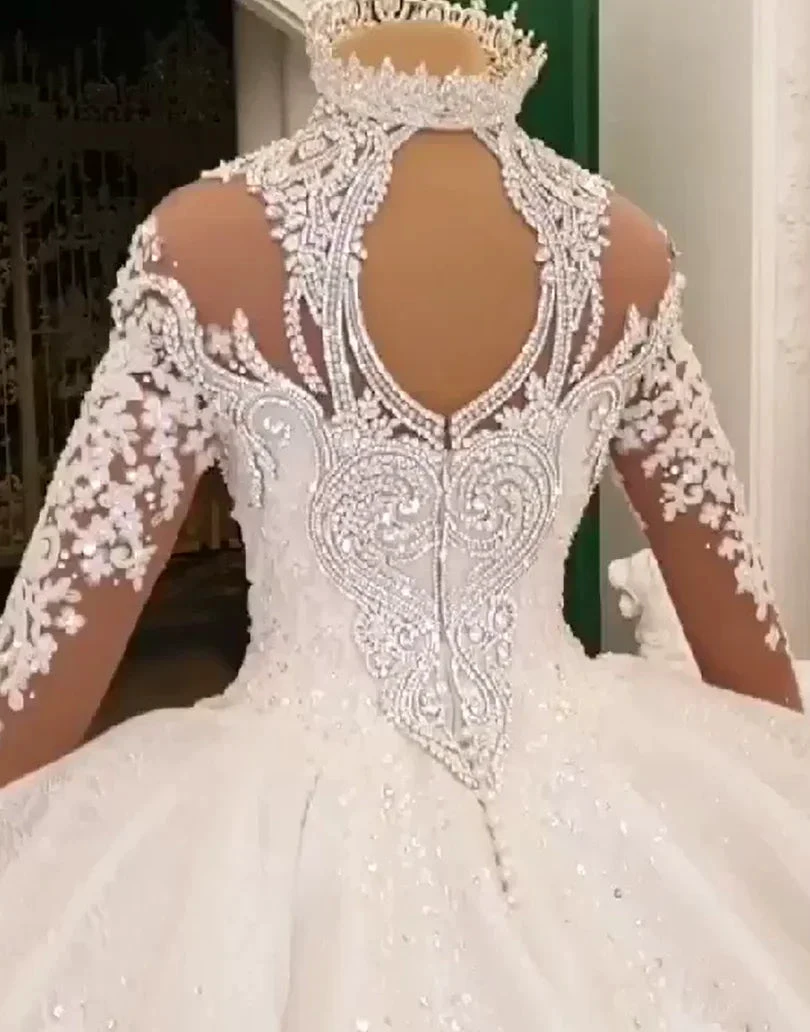 Long Ball Gown High Neck Sparkle Applique Satin Wedding Dress with Sleeves