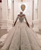 Long Ball Gown High Neck Sparkle Applique Satin Wedding Dress with Sleeves