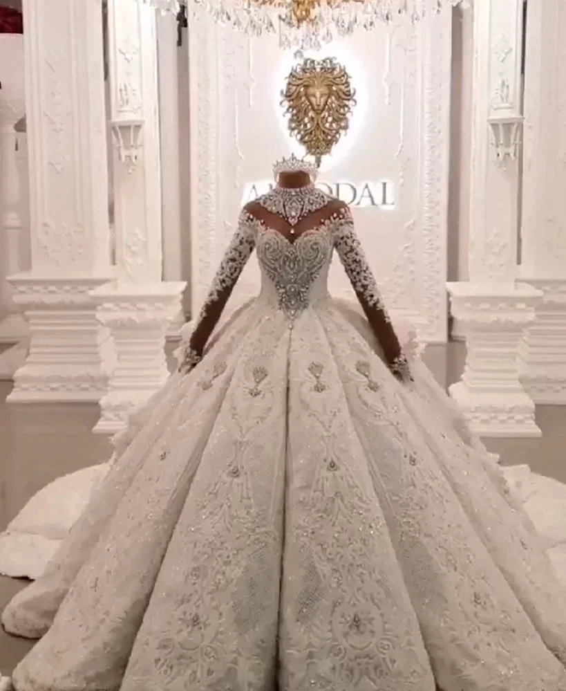 Long Ball Gown High Neck Sparkle Applique Satin Wedding Dress with Sleeves