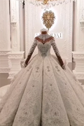 Long Ball Gown High Neck Sparkle Applique Satin Wedding Dress with Sleeves