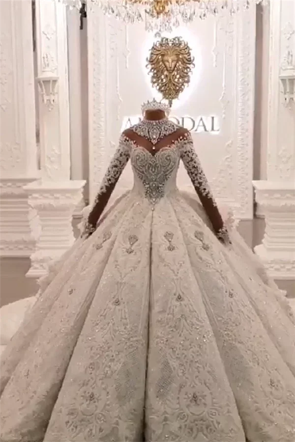 Long Ball Gown High Neck Sparkle Applique Satin Wedding Dress with Sleeves