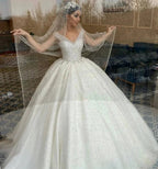 Long Ball Gown Sweetheart Off-the-Shoulder Backless Pearl Beading Ruffles Tulle Wedding Dress