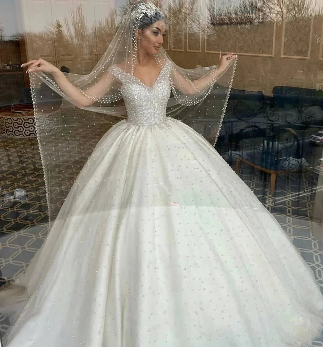 Long Ball Gown Sweetheart Off-the-Shoulder Backless Pearl Beading Ruffles Tulle Wedding Dress