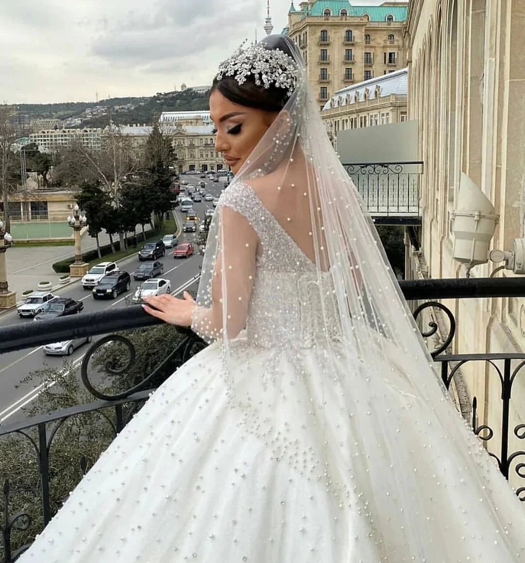 Long Ball Gown Sweetheart Off-the-Shoulder Backless Pearl Beading Ruffles Tulle Wedding Dress