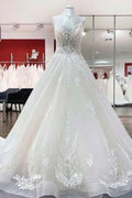 Long Ball Gown V-neck Spaghetti Straps Tulle Lace Wedding Dress