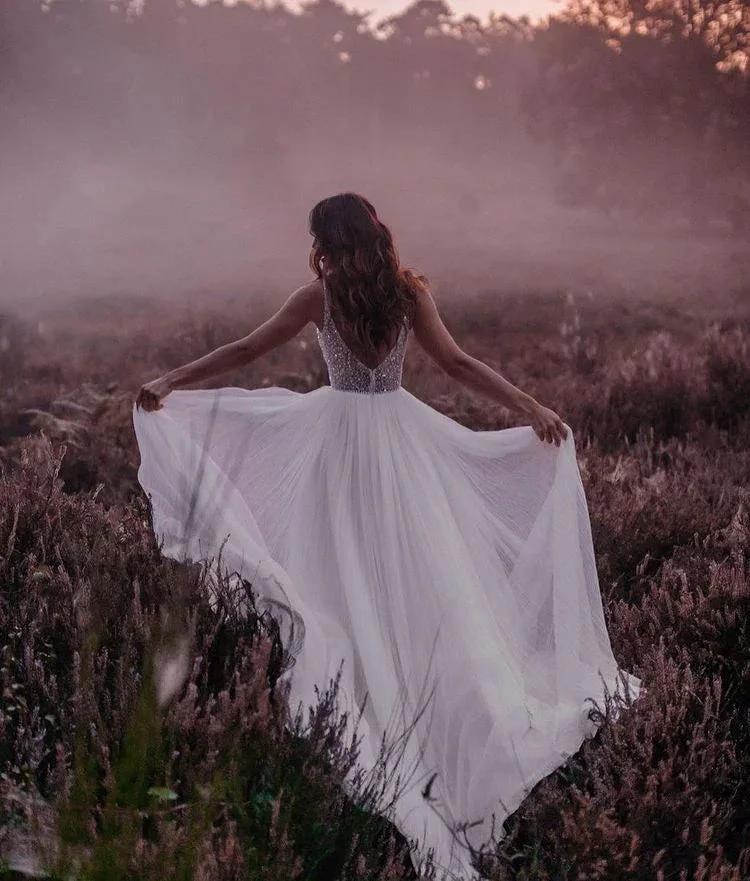 Long Boho A-line V-neck Chiffon Tulle Glitter Open Back Wedding Dress