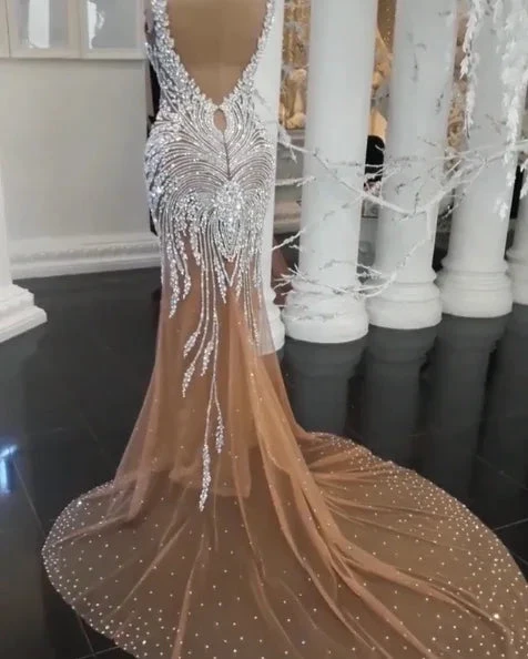 Long Champagne V-Neck Beading Backless Mermaid Wedding Dresses