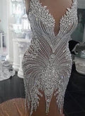 Long Champagne V-Neck Beading Backless Mermaid Wedding Dresses