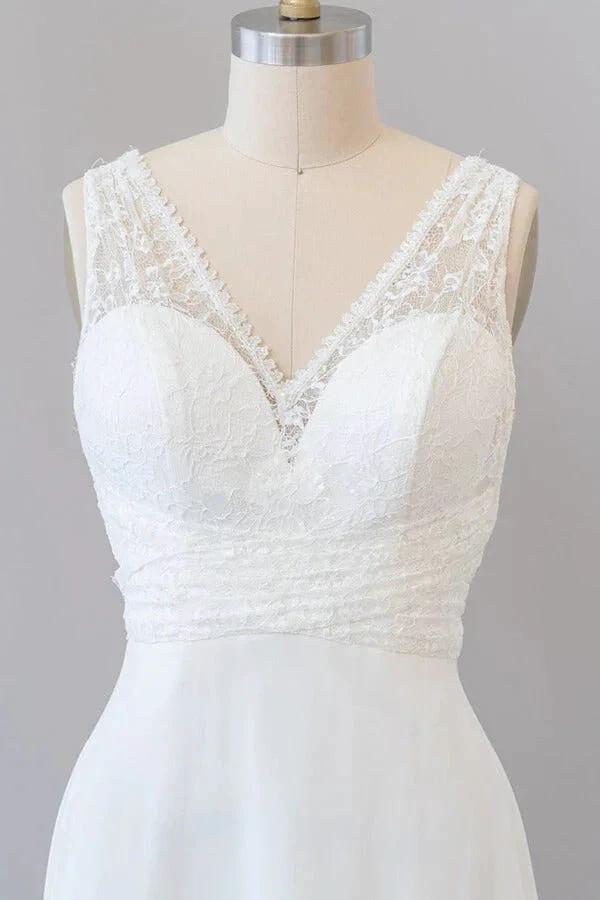 Long Empire A-line V-neck Lace Chiffon Open Back Wedding Dress