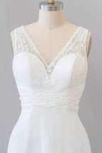 Long Empire A-line V-neck Lace Chiffon Open Back Wedding Dress