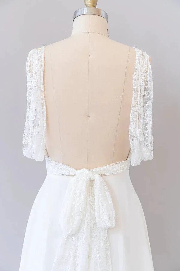 Long Empire A-line V-neck Lace Chiffon Open Back Wedding Dress