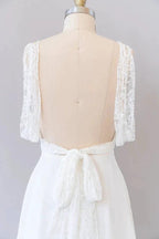 Long Empire A-line V-neck Lace Chiffon Open Back Wedding Dress